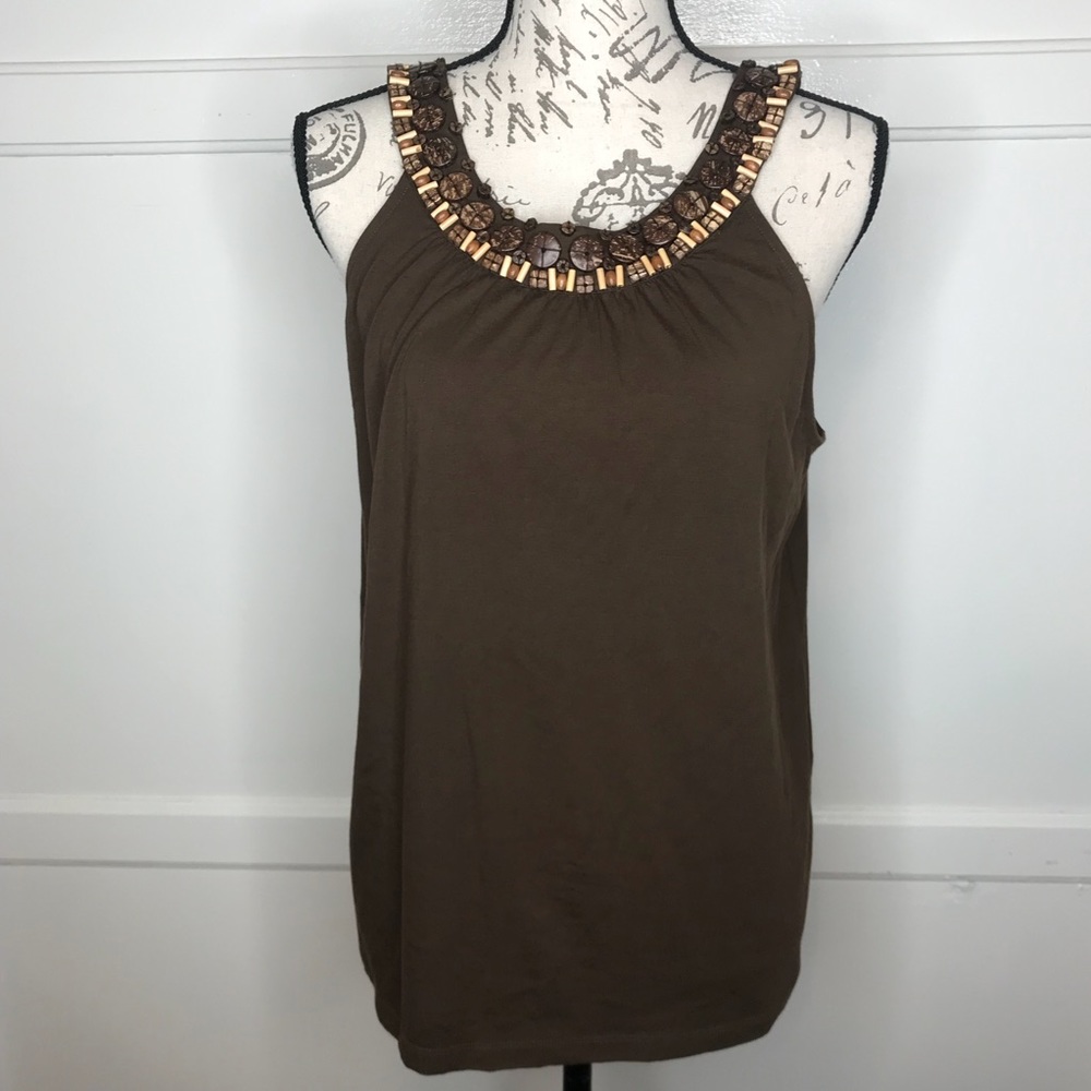 Talbots Brown/Wood Bead Embellished Tank Top L